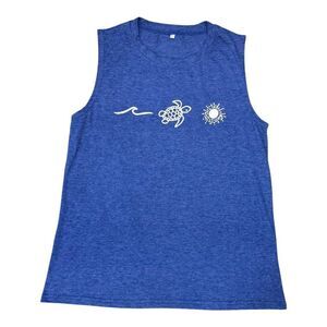 Sleeveless Blue Shirt Sea Turtle Wave & Sun Graphic Large Tank Top Sleeveless